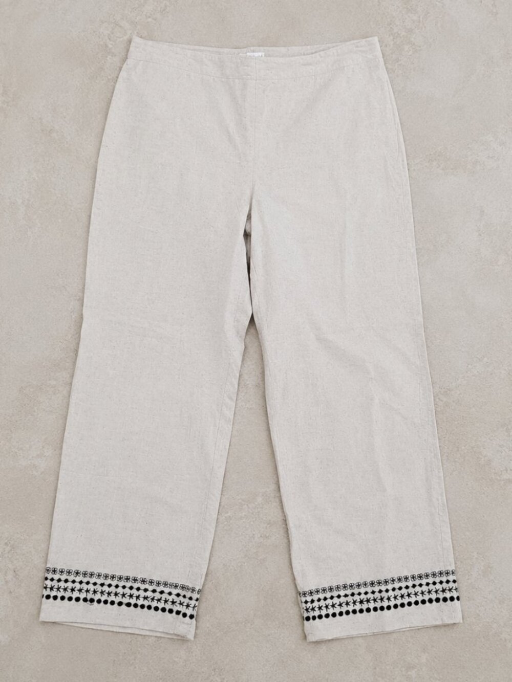 Dressbarn Women's Pants Size 16 Linen Rayon Blend Beige Fair Isle Embroidered